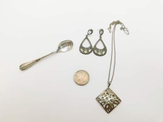 Artisan 925 Sterling Silver Scrolled Pendant Necklace Marcasite Drop Earrings & Unique Spoon Brooch 16.4g image number 6