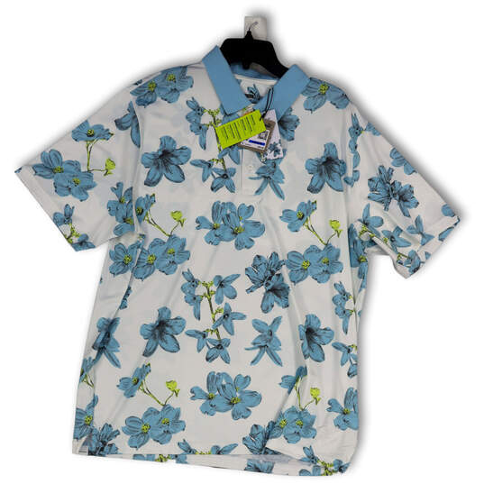 NWT Mens White Blue Floral Short Sleeve Spread Collar Polo Shirt Size XL image number 1
