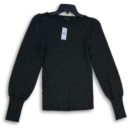 NWT Ann Taylor Womens Metallic Black Knitted Blouson Sleeve Pullover Sweater M