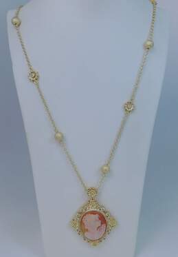 Amedeo Gold Tone Carved Shell Cameo Icy Crystal Necklace 62.2g