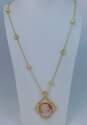 Amedeo Gold Tone Carved Shell Cameo Icy Crystal Necklace 62.2g image number 1