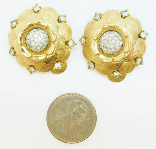 VNTG Joseph Mazer Gold Tone Icy Rhinestone Floral Clip-on Earrings image number 5