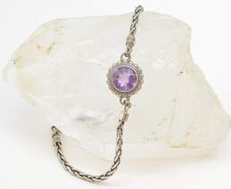 AT 925 Faceted Amethyst Granulated Circle Bali Style Charm Wheat Chain Bracelet 10.3g