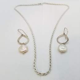 Sterling Silver Button Pearl Dangle Earrings 17in Rope Chain Necklace Bundle 2 Pcs 13.4g