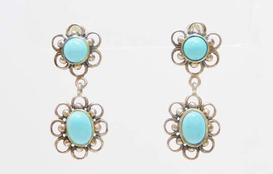 Artisan 925 Southwestern Faux Turquoise Cabochon Flower Drop Post Earrings Granulated Ring & Beaded Toggle Bracelet Set 37.6g image number 4