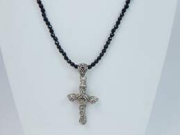 Sarda 925 Scrolled Granulated Cross Pendant Black Glass Beaded Necklace alternative image