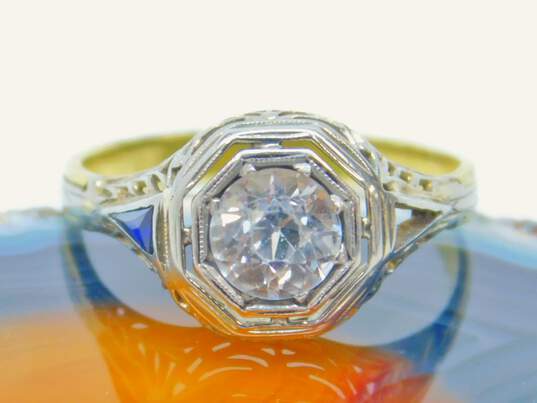 Antique Art Deco 18K Gold White & Blue Sapphire Ring 3.3g image number 1