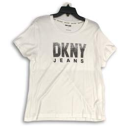 NWT DKNY Womens White Graphic Round Neck Short Sleeve Pullover T-Shirt Size L