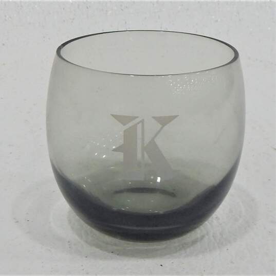 Vintage MCM Smoky Gray Glass Etched K Monogram Rocks Bar Glasses Set of 6 image number 4