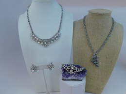 Vintage Icy Rhinestone Silver Tone Necklaces & Bracelet w/ Clip On Earrings 76.7g