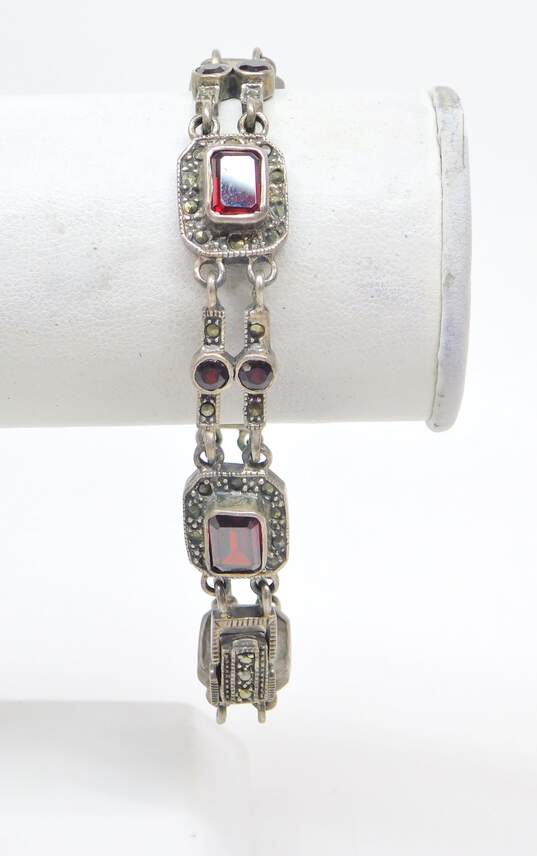 925 Sterling Silver Garnet Onyx Marcasite & CZ Earrings Bracelet & Rings 37.0g image number 2