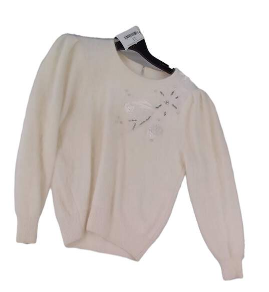 Womens White Wool Long Sleeve Crew Neck Pullover Sweater Free Size image number 1