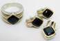 Lorenzo 925 & 18K Gold Accented Faceted Onyx Square Ridged Pendant Drop Post Earrings & Chunky Band Ring Set 25.5g image number 4