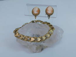 Vintage Gold Filled Heart Charm Bracelet & Carved Cameo Screw Back Earrings 19.1g