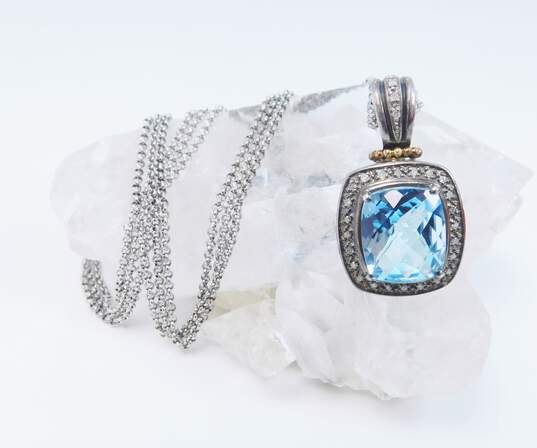 Town & Country 925 & 14K Yellow Gold Blue Topaz Diamond Pave Pendant Necklace 17.8g image number 2