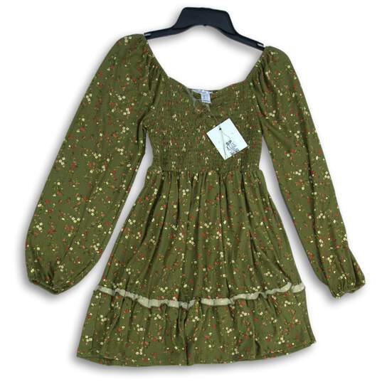 NWT Birch And Stone Womens Green Long Sleeve Smocked Ruffle Mini Dress Size S/P image number 1