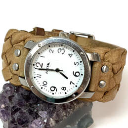 Designer Fossil JR-1292 Silver-Tone Leather Strap Round Analog Wristwatch