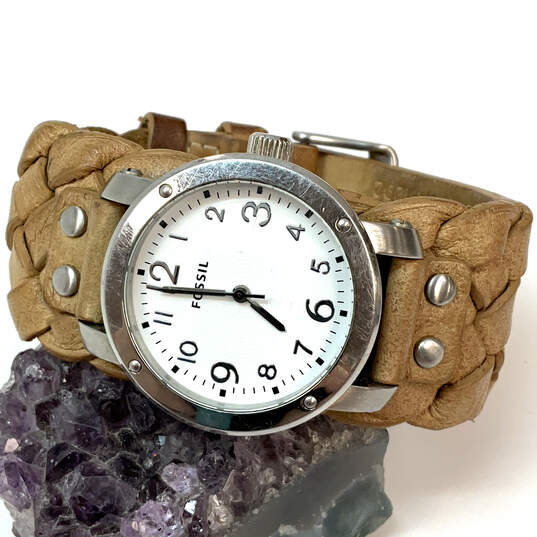 Designer Fossil JR-1292 Silver-Tone Leather Strap Round Analog Wristwatch image number 1