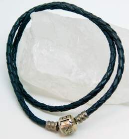 Pandora 925 Sterling Silver Black Braided Leather Wrap Charm Bracelet 5.5g alternative image