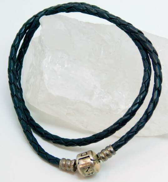 Pandora 925 Sterling Silver Black Braided Leather Wrap Charm Bracelet 5.5g image number 2