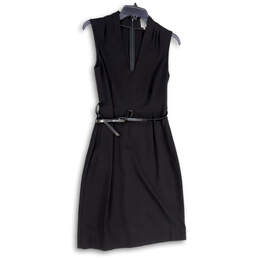 Womens Black V-Neck Long Sleeve Waist Belted Back Zip Sheath Dress Size 2