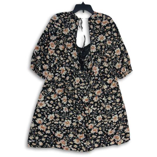 American Eagle Womens Black Pink Floral Short Sleeve Fit And Flare Dress Size L image number 2