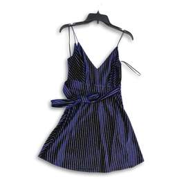 Womens Blue Striped Spaghetti Strap Tie Waist Short A-Line Dress Size Medium