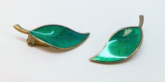 Vintage David Andersen Norway 925 Green Enamel Leaf Bracelet & Clip Earrings Set 16.8g image number 4