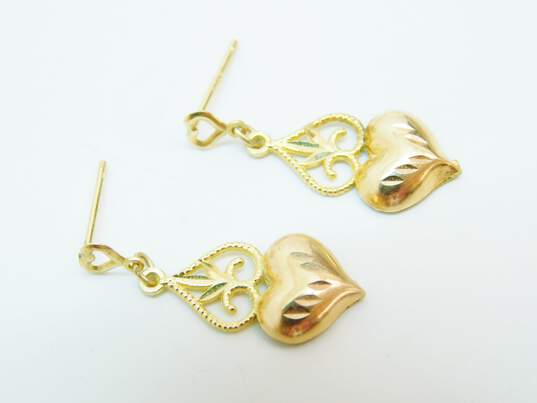 14K Yellow & Rose Gold Etched Puffed Heart Scrolled Drop Post Earrings 1.2g image number 3