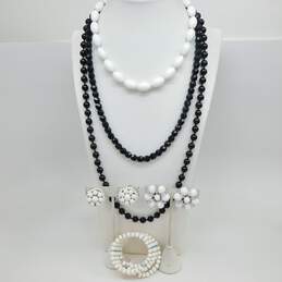 Vintage Bohemian Black Czech Glass Necklaces w/Milk Glass Necklace Bracelet & Earrings 239.4g