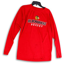 Mens Red Blackhawks Hockey Stretch Long Sleeve Pullover T-Shirt Size L