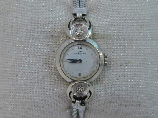 Ladies Vintage Hamilton 14K White Gold 0.04 CTTW Diamond Case Gold Filled Band 22 Jewels Wrist Watch 14.4g image number 7