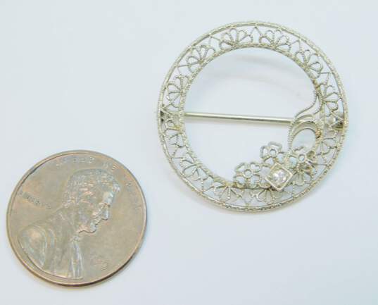 Antique 10K White Gold 0.03 CT Diamond Floral Filigree Circle Brooch 1.7g image number 4