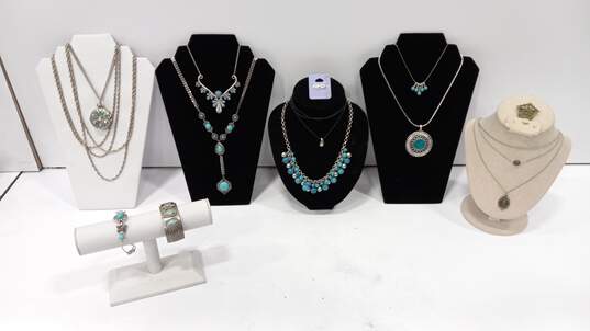 Bundle of Assorted Turquoise Stone & Silver Tone Fashion Costume Jewelry image number 1