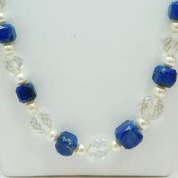 Vintage Sterling 925 Faceted Blue & Clear Quartz & White Faux Pearls Beaded Graduated Statement Necklace 126.2g alternative image
