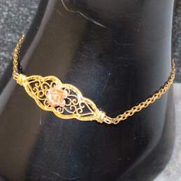 14K Yellow Gold Filigree & Rose Chain Bracelet - 3.7g