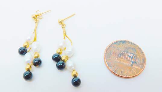 14K Gold White Pearl Onyx & Ball Beaded Cobra Chains Tassel Drop Post Earrings 2.0g image number 5