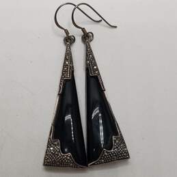 Sterling Silver Onyx Marcasite Art Deco Dangle Earrings 20.9g