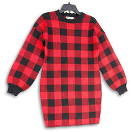 Womens Red Black Check Knitted Crew Neck Long Sleeve Sweater Dress Size M
