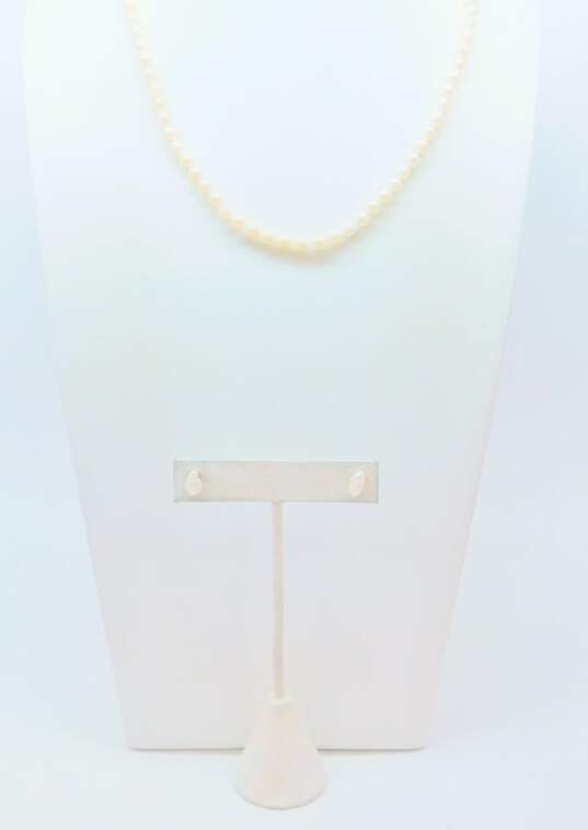 14K Gold Clasp & Posts White Pearls Beaded Necklace & Pearl Post Earrings 14.1g image number 1