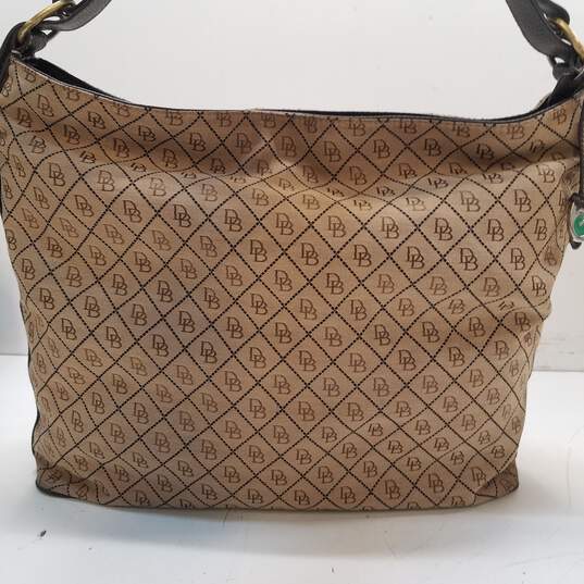 Dooney Bourke Leather/ Fabric DB Signature Logo Tote Shopper Tan Brown purse