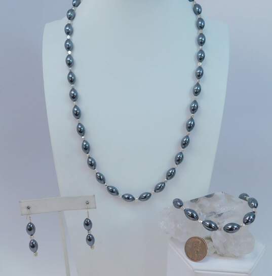 Artisan Silvertone Hematite Oval & Hammered Beaded Necklace Drop Earrings & Bracelet Set 95.5g image number 6