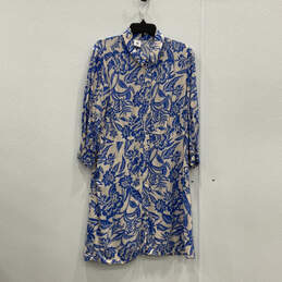 Womens Blue White Floral 3/4 Sleeve Collared Button Front Shirt Dress Sz L