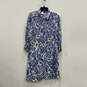 Womens Blue White Floral 3/4 Sleeve Collared Button Front Shirt Dress Sz L image number 1