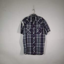 Mens Plaid Short Sleeve Chest Pockets X-Long Tails Snap Front Shirt Size Large