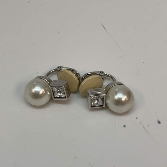 Designer Swarovski Silver-Tone Pearl Rhinestone Clip On Stud Earrings image number 2