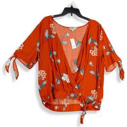 NWT Loft Womens Orange Floral Surplice Neck Pullover Blouse Top Size L