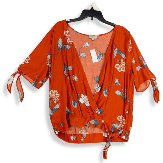 NWT Loft Womens Orange Floral Surplice Neck Pullover Blouse Top Size L image number 1
