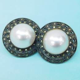 Judith Jack Sterling Silver Marcasite Faux Pearl Dome Earrings 16.6g