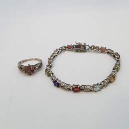 PAJ Sterling Silver Multi Gemstone Diamond ( XO ) Link 7in Bracelet Sz 5.5 Ring 13.4g